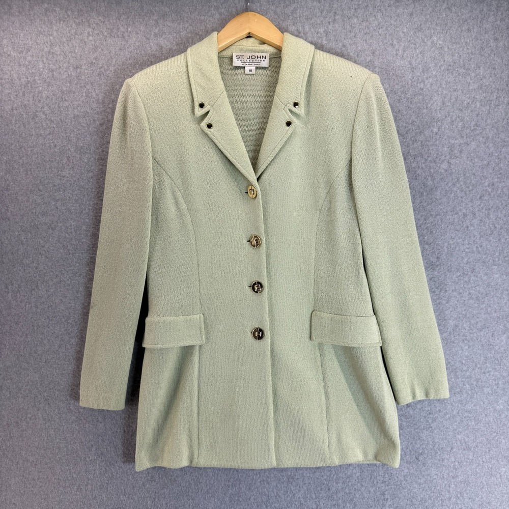 St John Collection Marie Gray Mint Green Knit Blazer Jacket Career Size 10 READ